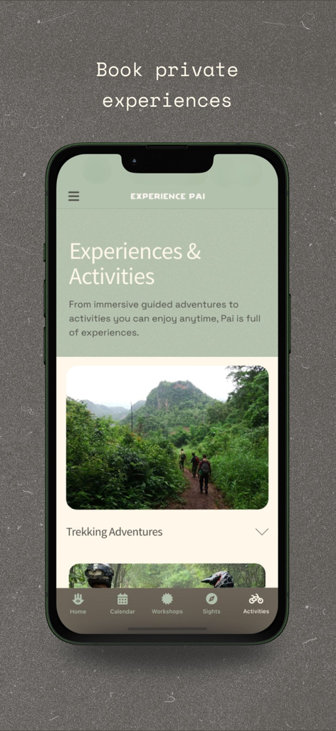 Experience Pai - Screenshot of Experience Pai app showing trekking adventures and private local experiences.