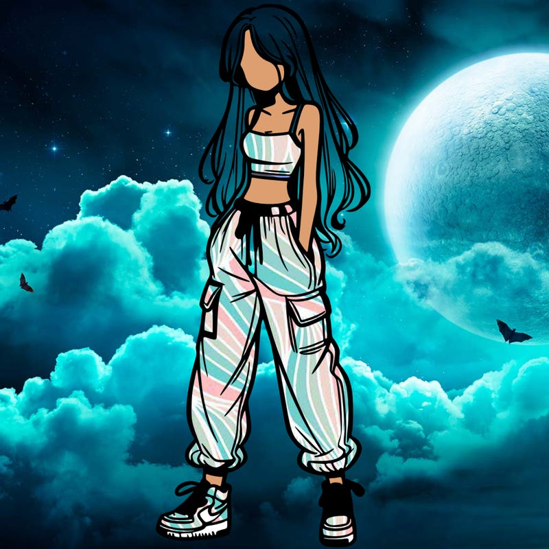 girl in baggy pants crop top and long hair