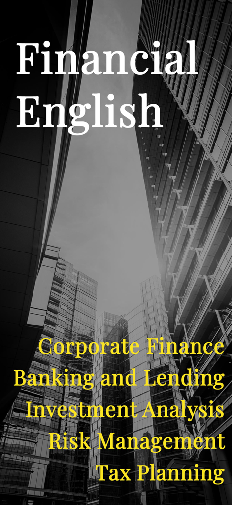 Financial English: Learn Words - Financial English app screen highlighting topics like Corporate Finance and Risk Management