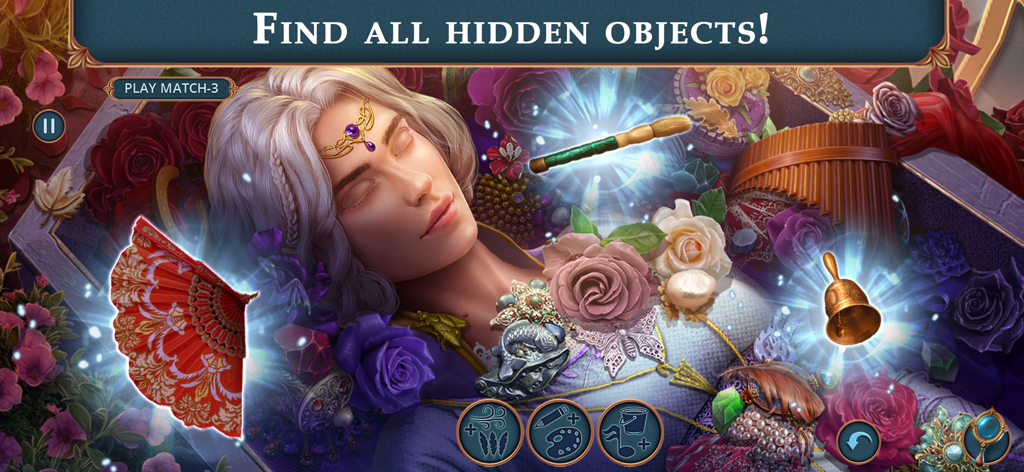 Royal Romances Forbidden Magic - Une scène de jeu d'objets cachés représentant une princesse endormie entourée de fleurs et d'objets de quête magiques.