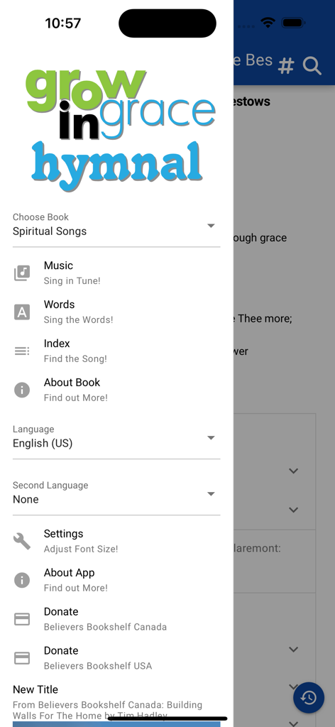 GrowInGrace Hymnal app navigation menu showing music and lyrics options