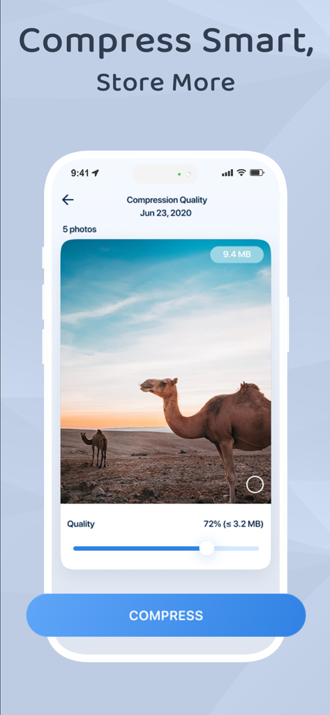 Boost Cleaner app interface showing the smart photo compression feature with a quality slider and storage saving estimate.