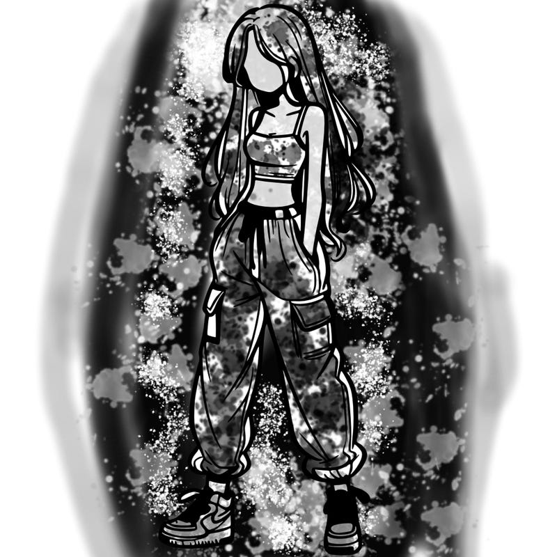 girl in baggy pants crop top and long hair