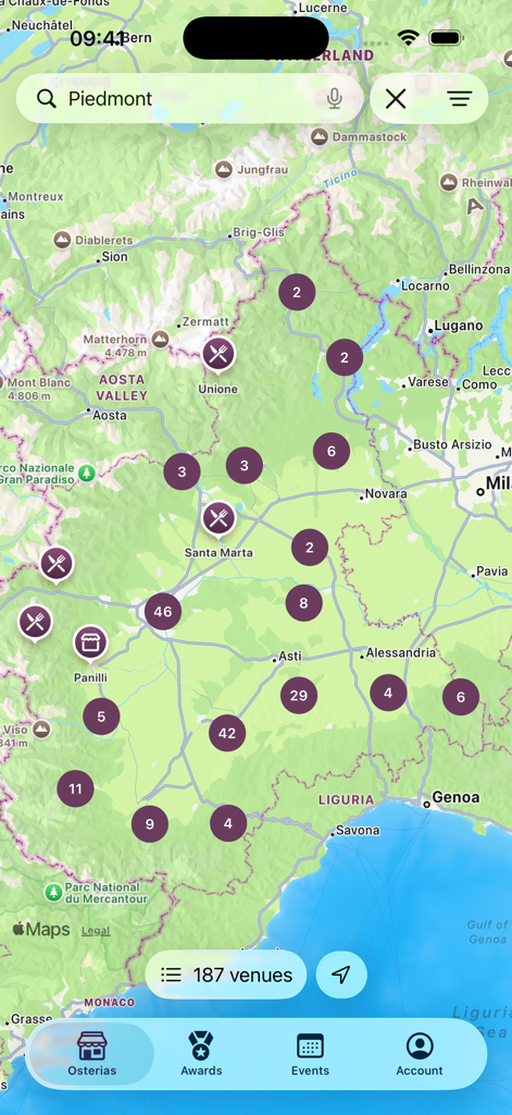 Eine Karte der Region Piemont in Italien, die Cluster von lokalen Restaurants und traditionellen Osterien innerhalb der Osterie d'Italia App zeigt.