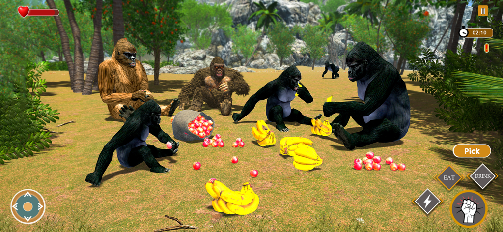 Un grupo de gorilas gigantes y Bigfoots comiendo manzanas y plátanos en un claro de la jungla