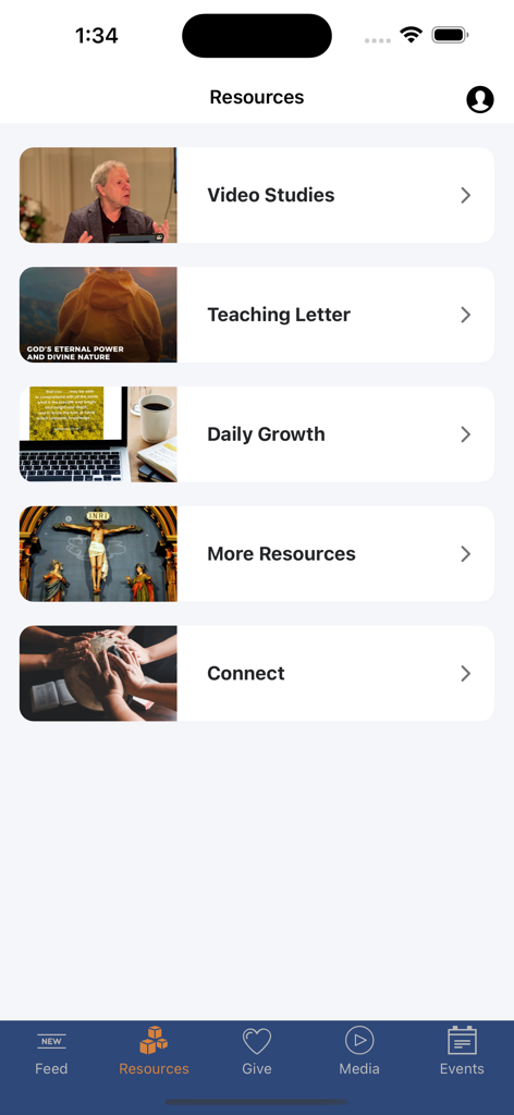 Reflections Ministries - Resources screen of the Reflections Ministries app showing links for video studies teaching letters and daily growth content