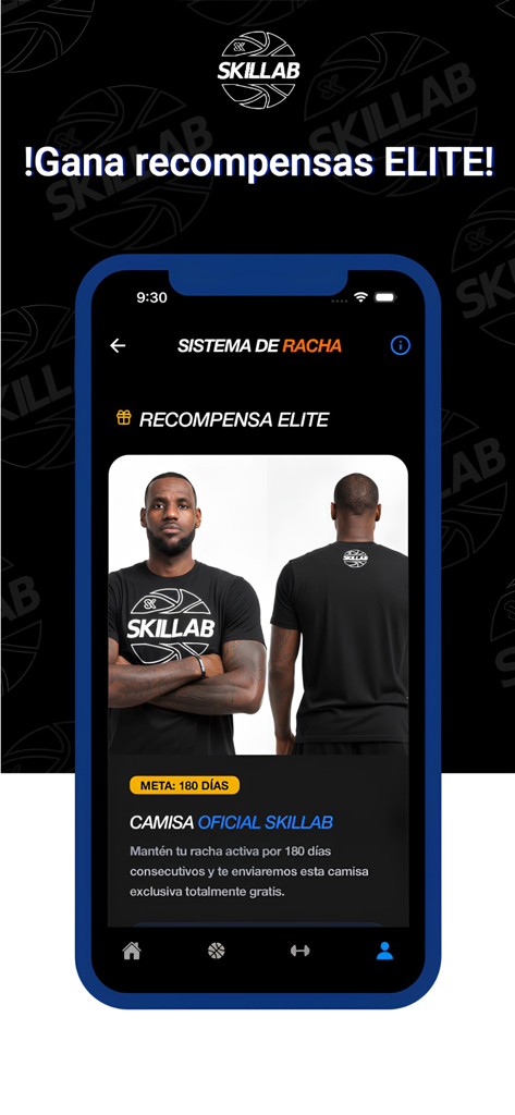 SKILLAB - A mobile screen from the Skillab app showing the elite reward system for maintaining a 180 day basketball training streak to earn an official t-shirt