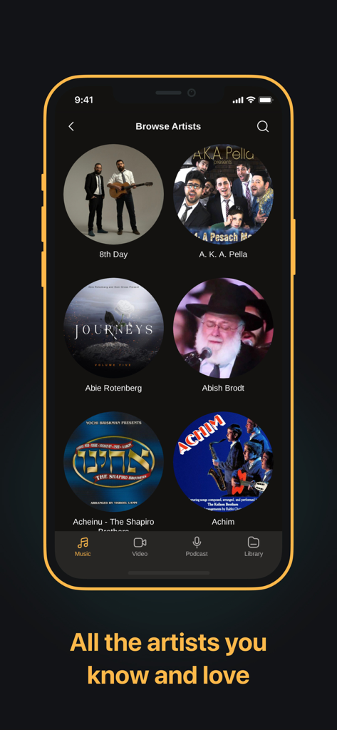 The Browse Artists screen in the 24Six app displaying various Jewish musicians and groups.