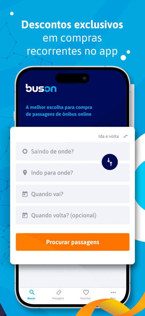 Buson: Passagens de ônibus - Buson mobile app interface showing a search form for bus tickets in Brazil including destination and date fields
