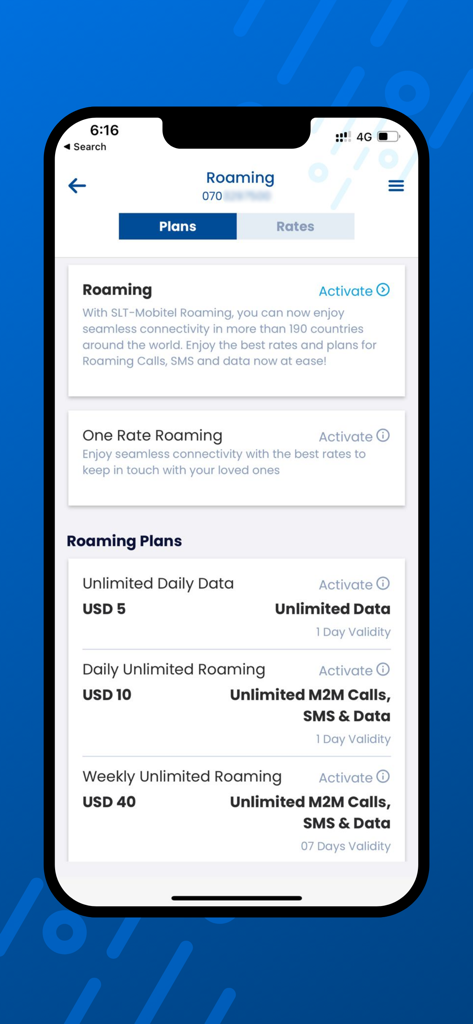 Mobitel Selfcare app roaming plans screen