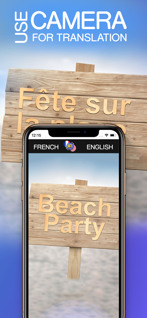 App per smartphone che traduce testo francese su un cartello in inglese utilizzando la fotocamera