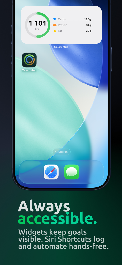 Calometric — Calories Tracker - Widget de iPhone de Calometric que muestra el progreso diario de calorías y macros.