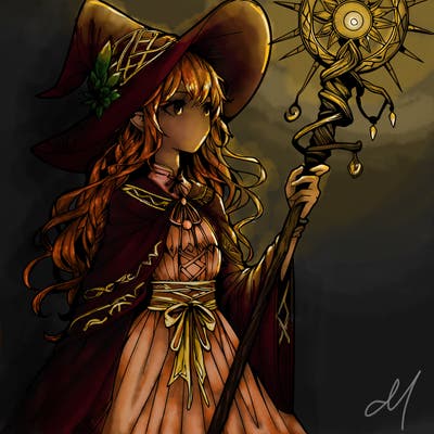 a realistic fantasy manga witch with a staff