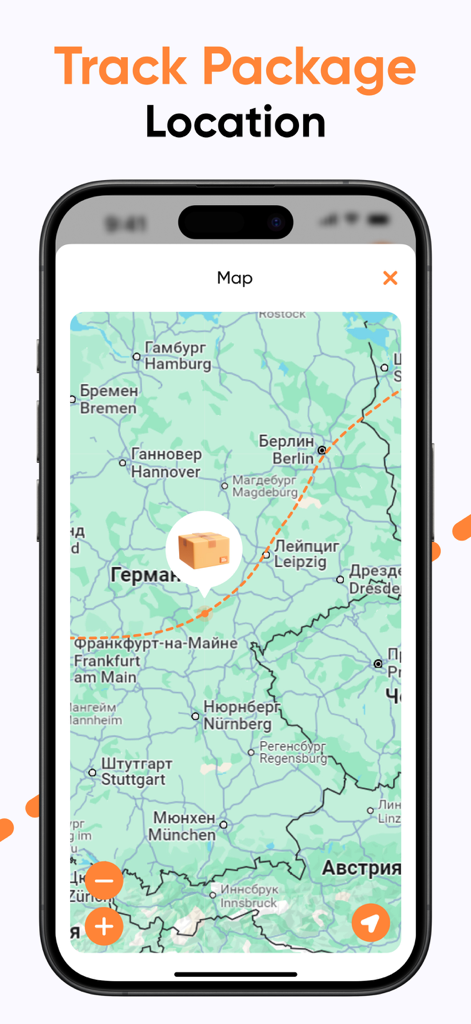 Package & Shipping Tracker App - Smartphone screen displaying a map with a package icon tracking a shipment location