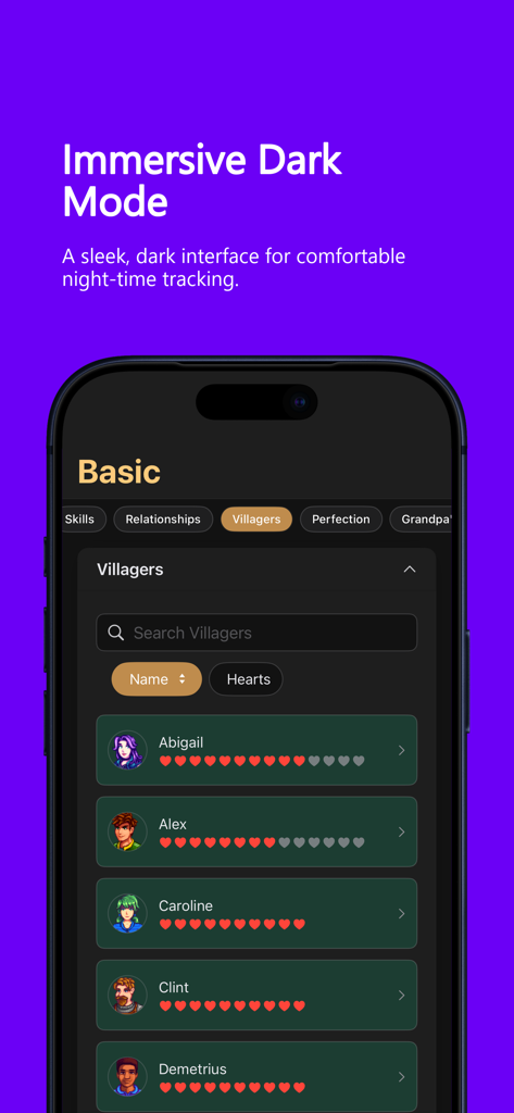 Stardew Guide & Tracker - Interfaz de la aplicación Guía y Rastreador de Stardew que muestra los niveles de amistad de los aldeanos en modo oscuro.
