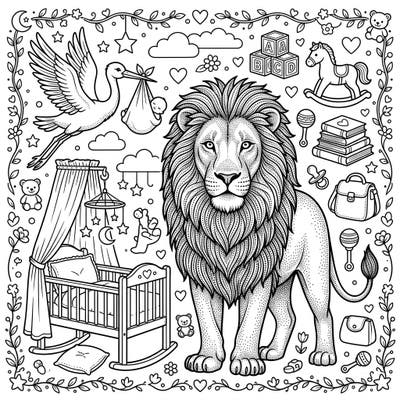 Discover the perfect blend of majestic wildlife and tender new beginnings with this unique Dot Work Lion Baby Shower coloring page. This intricate design offers a creative way to celebrate upcoming arrivals, featuring a beautifully detailed lion surrounded by adorable nursery items.