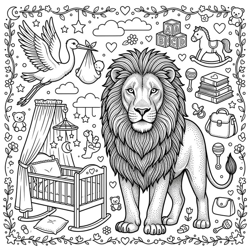 Discover the perfect blend of majestic wildlife and tender new beginnings with this unique Dot Work Lion Baby Shower coloring page. This intricate design offers a creative way to celebrate upcoming arrivals, featuring a beautifully detailed lion surrounded by adorable nursery items.