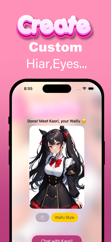 Waifu AI app interface showing a custom anime character named Kaori with options to chat.