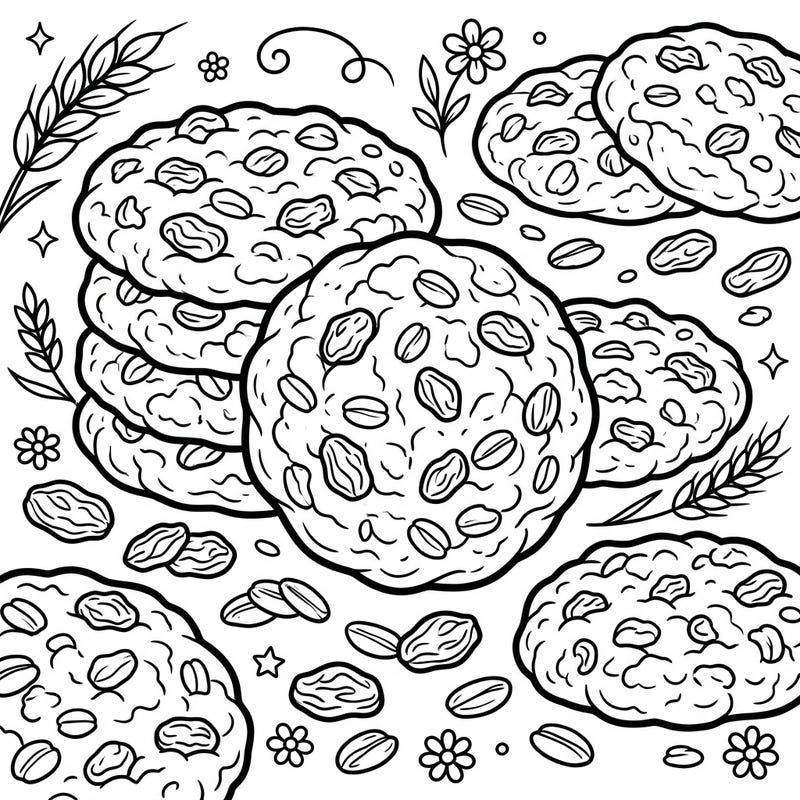 Indulge your creative sweet tooth with this charming oatmeal raisin cookies coloring page. It captures the cozy essence of freshly baked treats, inviting you to bring them to life with your favorite colors.