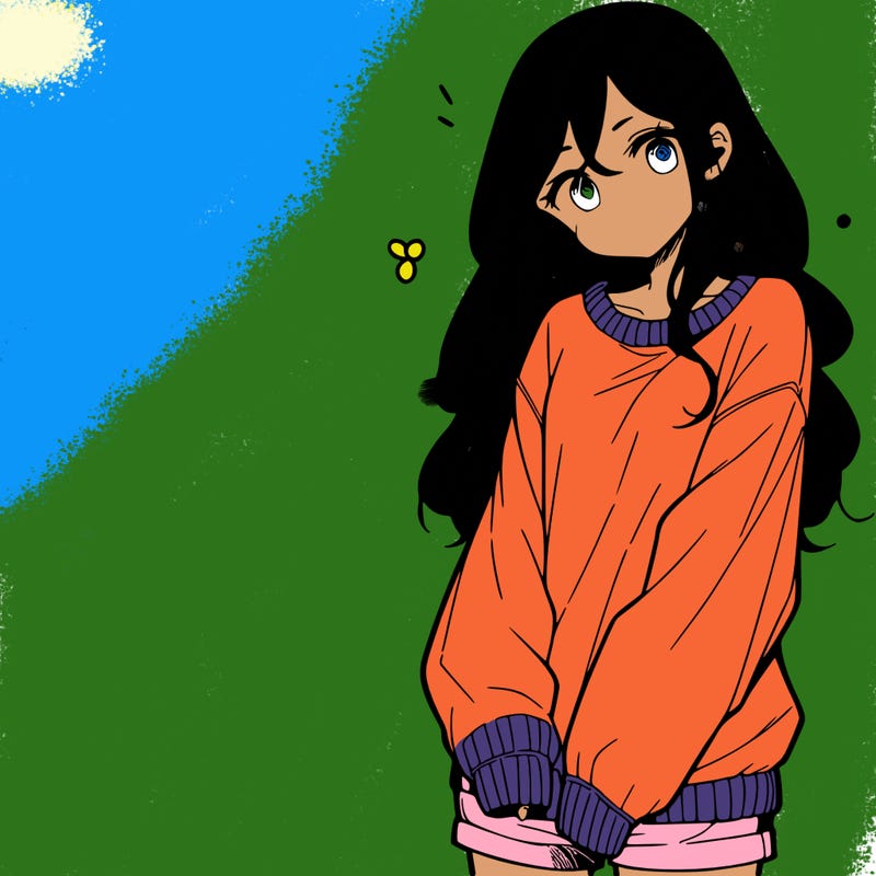 manga teen girl  in a sweater and baggy pants