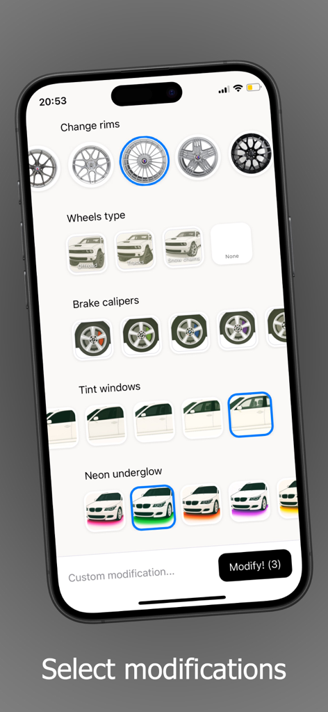 Oberfläche der CarMod AI-App, die verschiedene Optionen zur Fahrzeugmodifikation wie Felgen und Neon-Unterbodenbeleuchtung anzeigt
