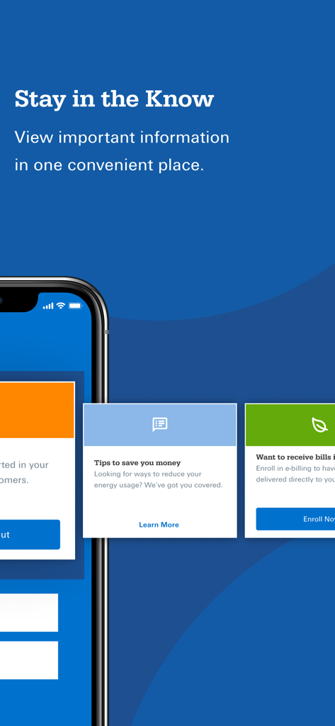 Dominion Energy - Dominion Energy app screen displaying informational cards for energy saving tips and paperless billing enrollment.