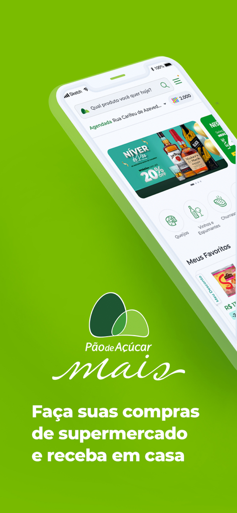 Pão de Açúcar Mais - Smartphone screen displaying the Pao de Acucar Mais grocery delivery app interface on a green background