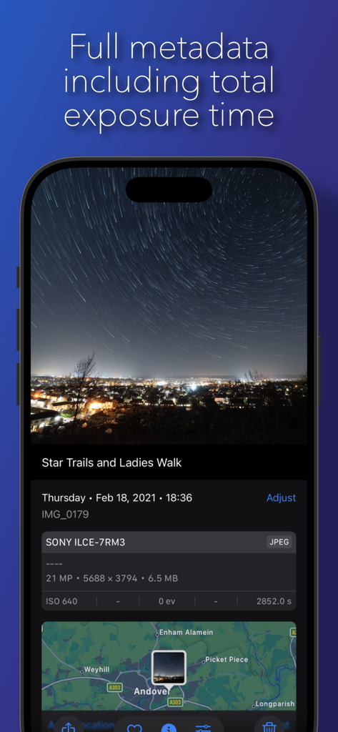 Star Stacker - Star Stacker app screenshot displaying photo metadata and exposure details.