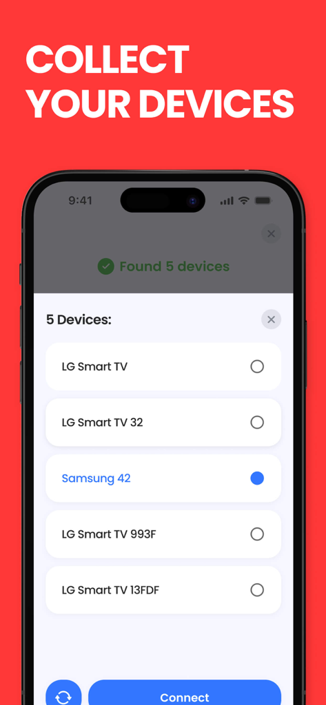 Screen Mirroring &‎ TV Cast - Interfaz de aplicación móvil que muestra una lista de Smart TVs detectados como LG y Samsung para la selección de duplicación de pantalla.