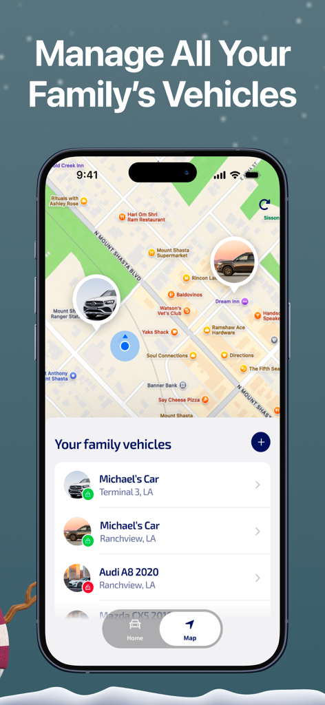 Interface of the KeyConnect app showing real-time GPS tracking for multiple family cars on a map.