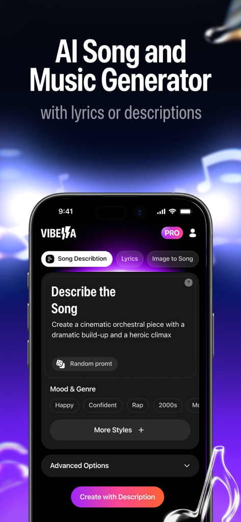Vibella: AI Music & Song Maker - Vibella mobile app interface for creating AI generated music from text prompts
