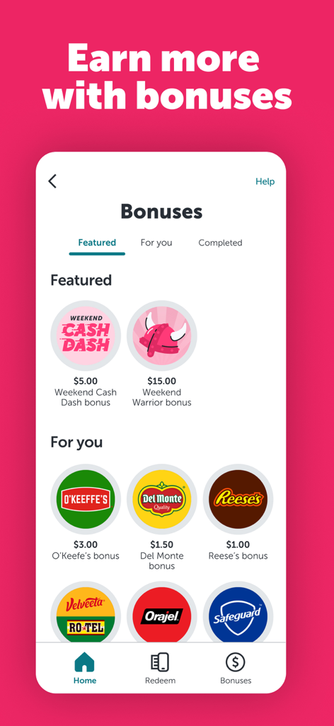 Ibotta app screen showing featured and brand-specific cash back bonuses