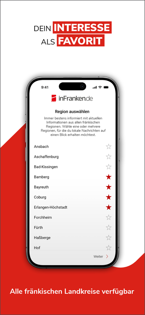 Un smartphone mostrando la pantalla de selección de región en la aplicación de noticias inFranken con varios distritos francones listados como favoritos.