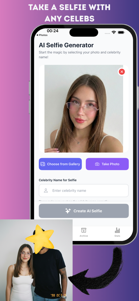 Oberfläche der KI-Selfie-Generator-App zur Erstellung realistischer Fotos mit Prominenten