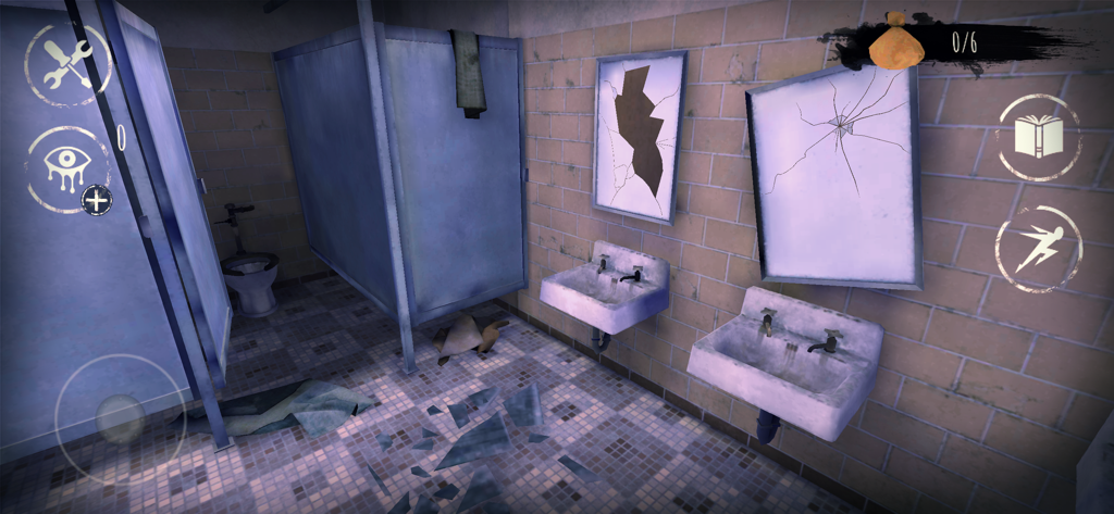 Eyes Horror & Coop Multiplayer - First person view of a creepy abandoned bathroom with broken mirrors in Eyes Horror and Coop Multiplayer