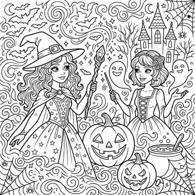 Dive into a world of magic and mischief with this captivating Halloween coloring page! Two graceful enchantresses are ready to cast their spells among smiling pumpkins and friendly ghosts, offering a truly bewitching artistic journey.