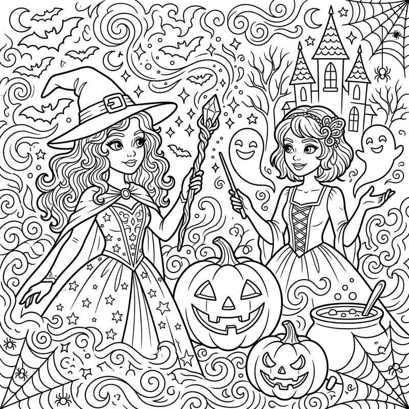 Dive into a world of magic and mischief with this captivating Halloween coloring page! Two graceful enchantresses are ready to cast their spells among smiling pumpkins and friendly ghosts, offering a truly bewitching artistic journey.