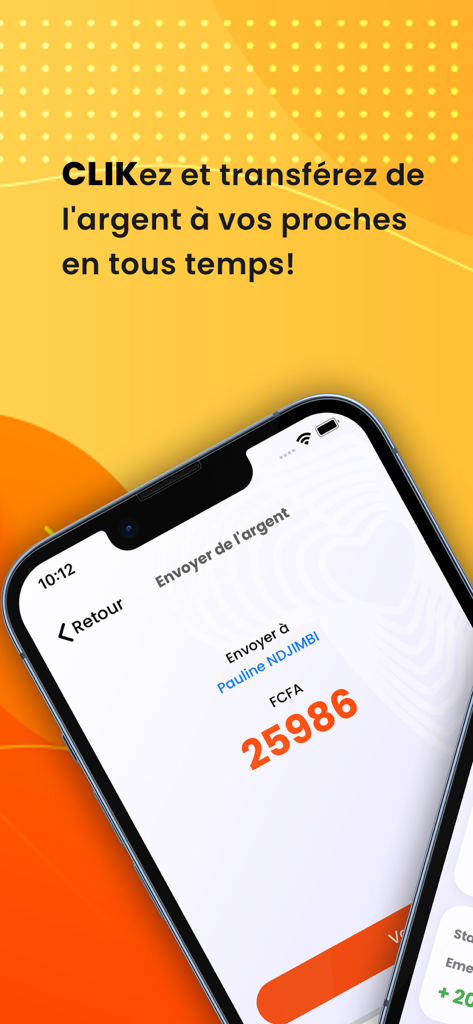 Interface de l'application CLIKPAY Money montrant un transfert d'argent de 25986 FCFA vers un destinataire au Gabon