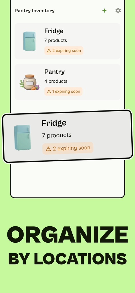 Mobile app screen showing food inventory organized by fridge and pantry locations with expiration alerts