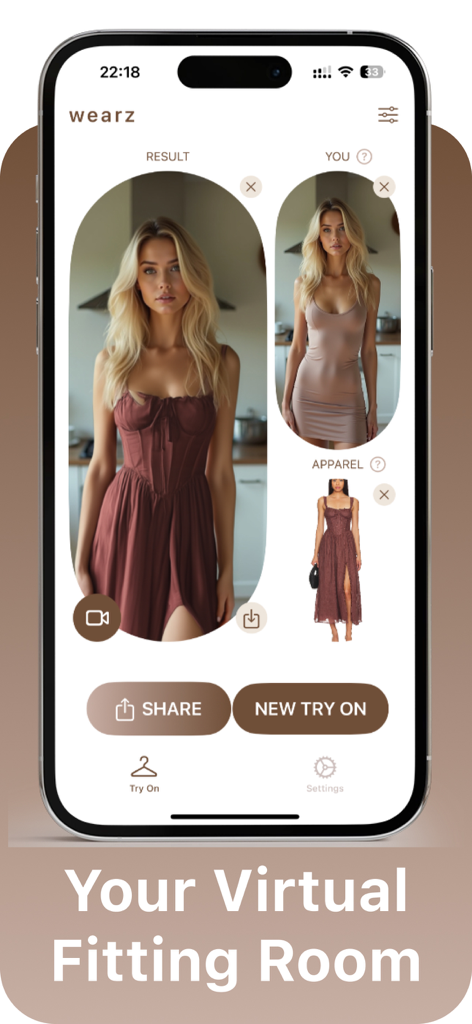 wearz - Wearing outfit & style - Screenshot of the wearz app showing a virtual fitting room interface where a user can see an AI generated result of themselves wearing a luxury dress