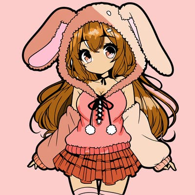pretty anime girl wearing a fluffy hoodie with bunny ears on the hood and a skirt