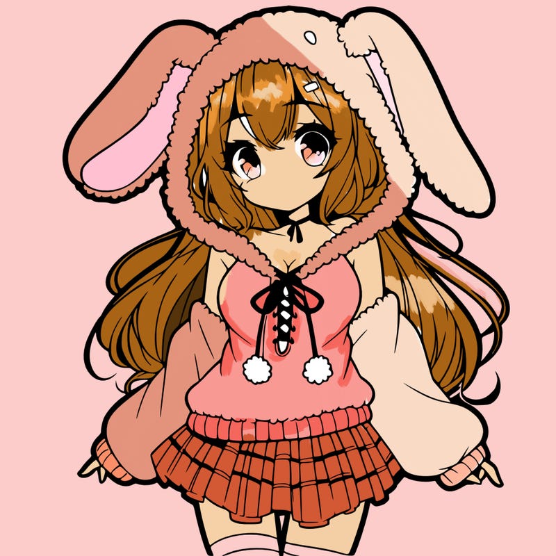 pretty anime girl wearing a fluffy hoodie with bunny ears on the hood and a skirt