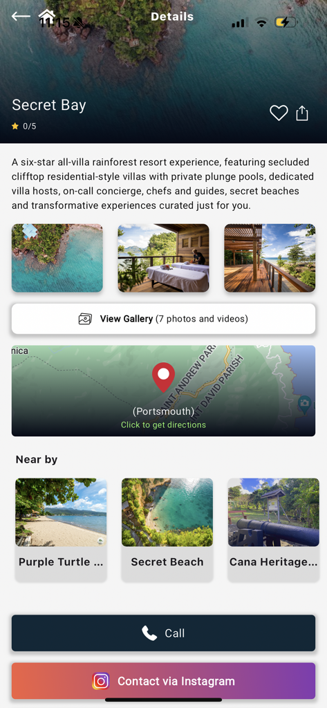 Explore Dominica - App screen showing details for Secret Bay resort in Dominica including description map and nearby places