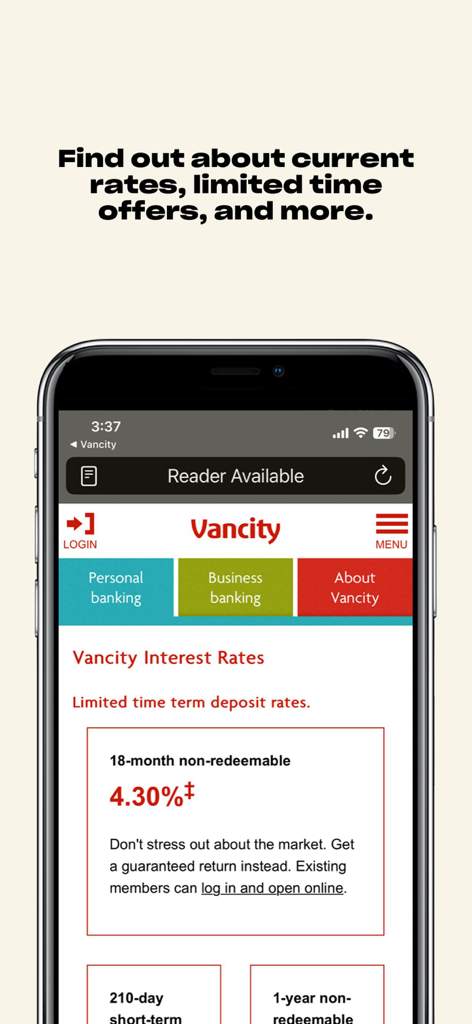 Vancity mobile app screen showing current term deposit interest rates