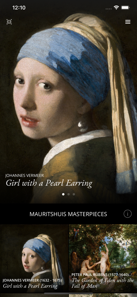 Main interface of the Second Canvas Mauritshuis app featuring Johannes Vermeers Girl with a Pearl Earring