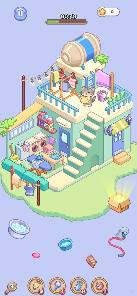 A cozy laundry room organization level in Room Decor Lovely Home featuring a cute cat and aesthetic decorations