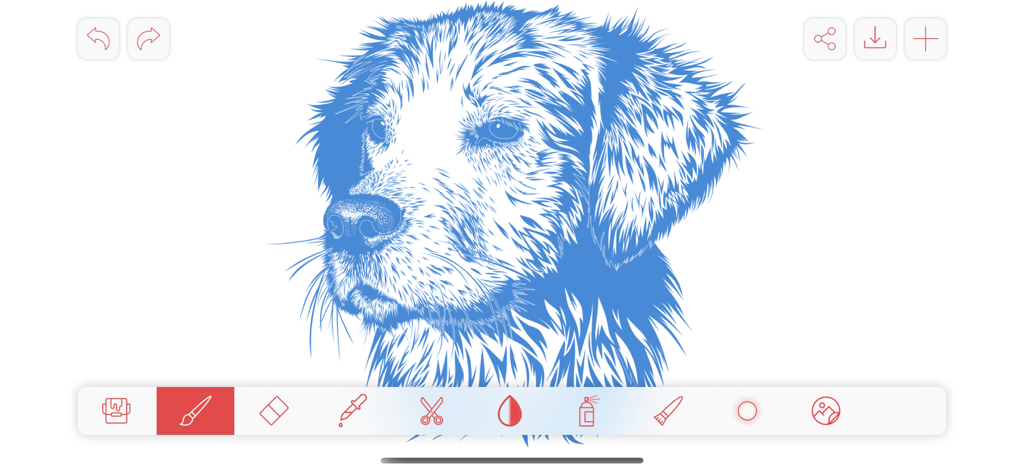 A detailed blue digital sketch of a dog head in a mobile drawing app interface