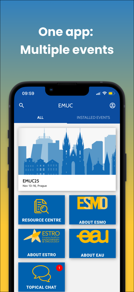 EMUC - Panel de la aplicación EMUC que muestra eventos científicos y fichas de recursos médicos