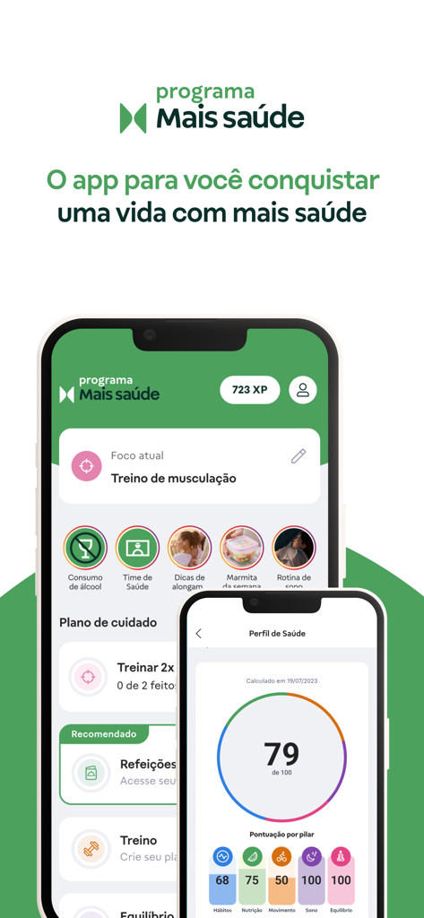 Programa Mais Saude Vitat app interface displaying a health profile score and personalized fitness care plans