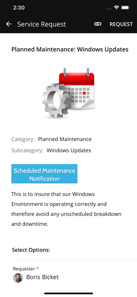 SolarWinds Service Deskアプリ画面に、Windowsアップデートの計画メンテナンスサービスリクエストが表示されます。